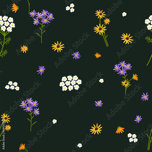 Vector seamless floral pattern. Wildflowers on a dark background.