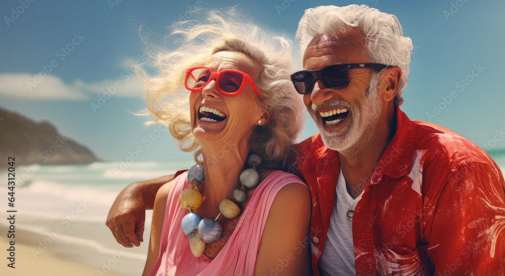 an happy older couple laughing by the ocean together