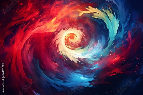A fiery and watery spiral with colorful swirls in the center on a dark background. Generative AI