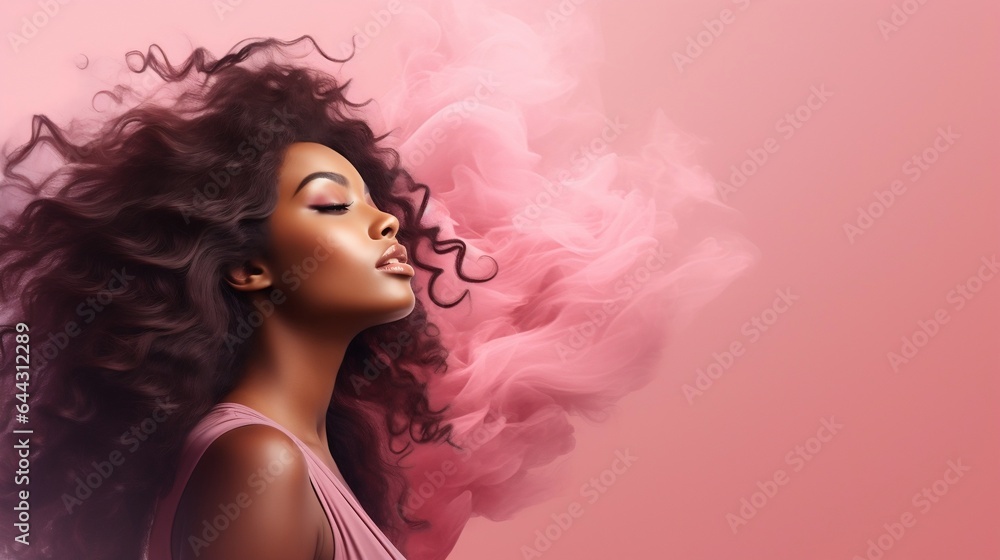 Beautiful african american woman with curly hair and smoke on pink background - obrazy, fototapety, plakaty 