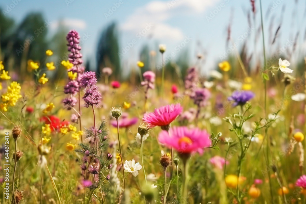 meadow with many blooming wildflowers on a summer day