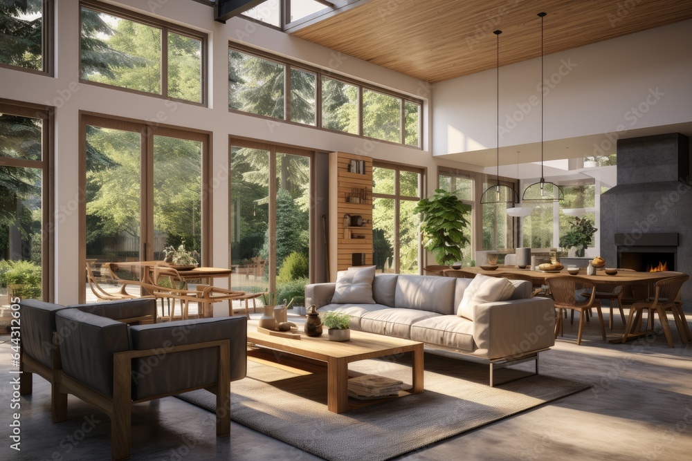 Nature Modern Family Room with Soft Couch and High Ceilings. Wooden Dining Table with Chairs and Grey Stone Fireplace in Fall Nature Modern Family Room with Soft Couch and High Ceilings. Wooden Dining Table with Chairs and Grey Stone Fireplace in Fall