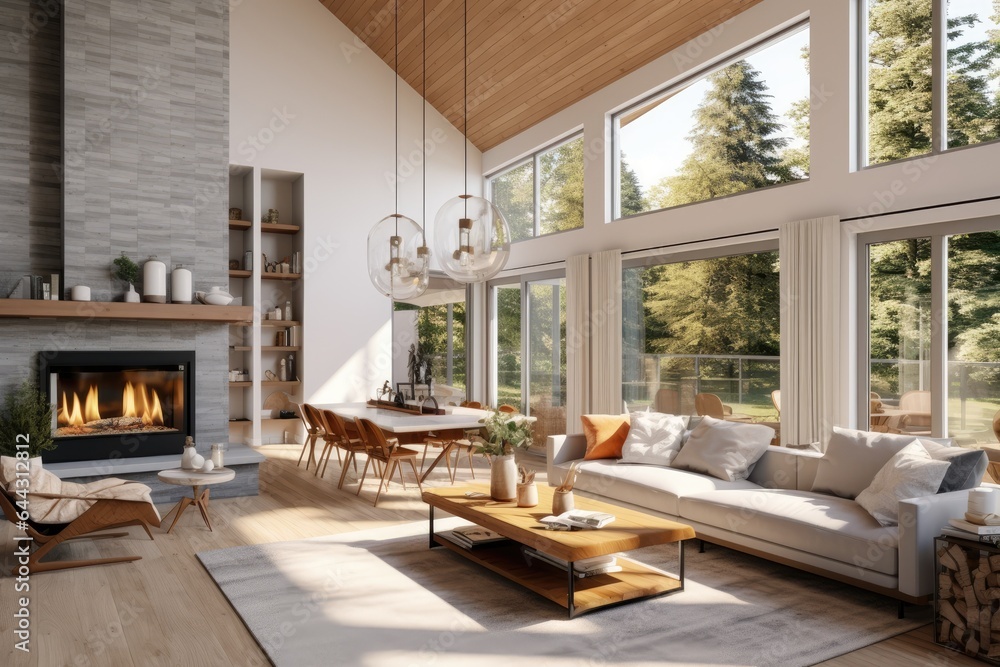 Fototapeta premium Luxury Grey Stone Fireplace with Styled Shelf in Living Room with Wood Accent Ceiling and Nature Views