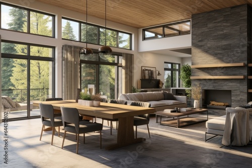 Stylish Modern Fall Dining Room and Living Area with Spacious Layout and Stone Fireplace
