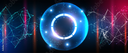 Abstract 3D wireframe sci-fi sphere futuristic technology with particles and lines. Technology network connection. Big data visualization. Magic circle teleport. Sci-fi digital hi-tech. Vector EPS10.
