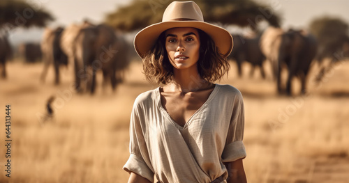 Young woman in adventurer outfit standing at savanna field with wild elephants in background.
