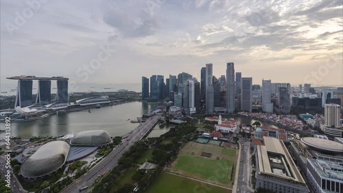 Aerial view of urban skyline and cityscape at sunset in Marina Bay Singapore.	