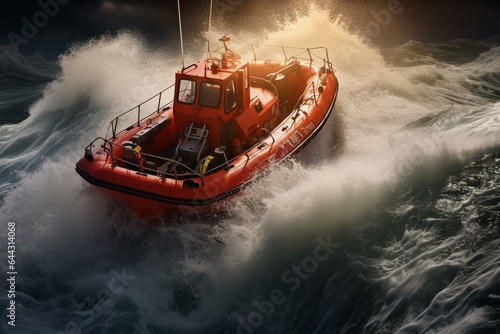A rescue boat races through turbulent waters to save lives. Generative AI