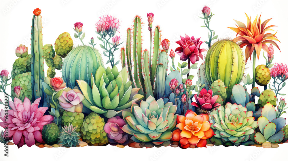Fototapeta premium Watercolor illustration of cute cactus and succulents.