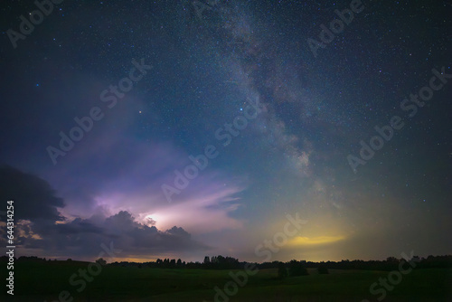 Thunderstorm at night with Milky way moving across the sky