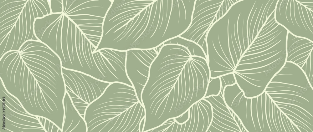 Abstract foliage line art vector background. Leaf wallpaper of tropical leaves, leaf branch, plants in hand drawn pattern. Botanical jungle illustrated for banner, prints, decoration, fabric.