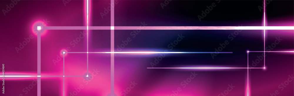 Shiny neon lights, dark abstract background with blurred magic neon light curved lines