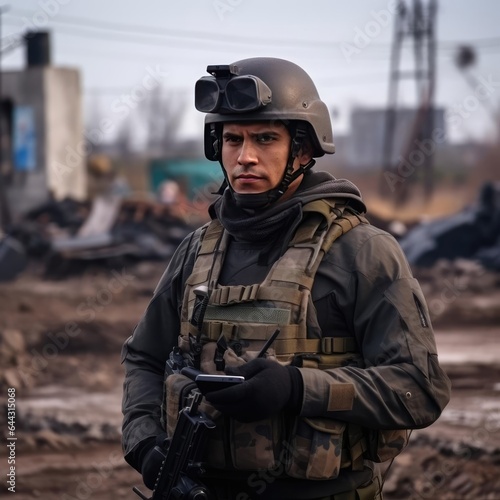 A war correspondent in a bulletproof vest and a helmet © cherezoff