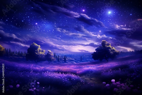 Vivid lavender nocturnal sky adorned with glittering stars. Generative AI