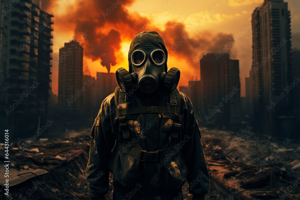 Man in the city after a nuclear war. Generative AI Man in the city after a nuclear war. Generative AI