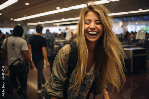 Woman is pictured smiling as she walks through airport. This image can be used to depict travel, happiness, or positive airport experience.