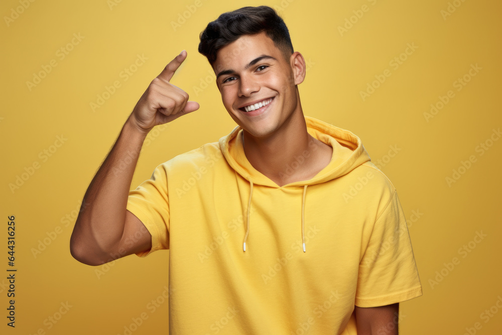 Young man wearing yellow hoodie points at something. This versatile image can be used to convey concepts such as direction, attention, or curiosity. Young man wearing yellow hoodie points at something. This versatile image can be used to convey concepts such as direction, attention, or curiosity.