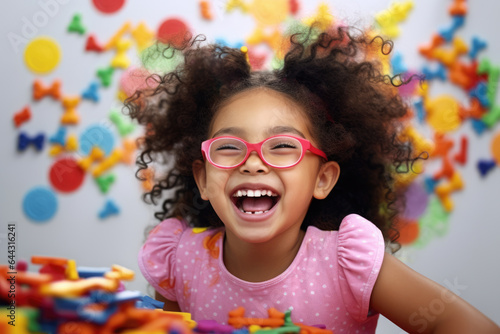 Picture of little girl sitting at table wearing pink glasses. This image can be used for various purposes such as education, childhood, or creativity.