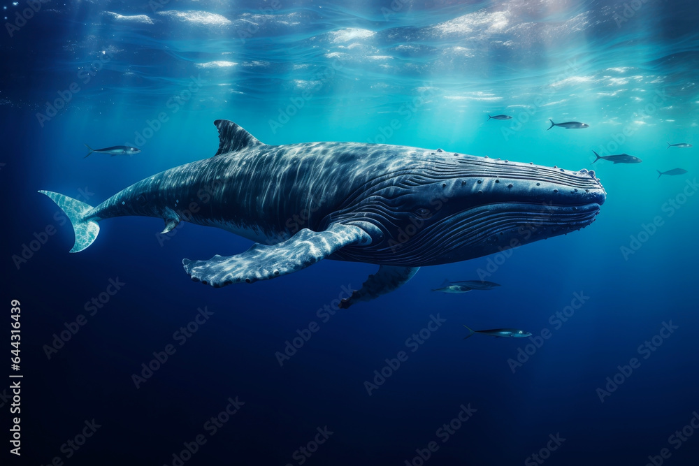 Beautiful blue whale in the ocean. Generative AI