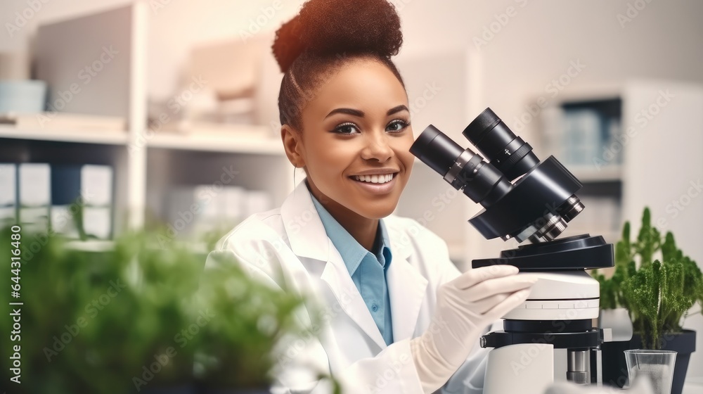 Portrait of Science woman with microscope are research for agriculture at laboratory, Sustainability and leaves test, Scientist Portrait of Science woman with microscope are research for agriculture at laboratory, Sustainability and leaves test, Scientist