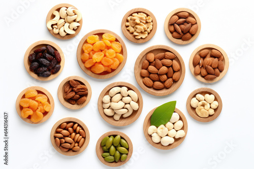 Collection of various nuts displayed in wooden bowls on clean white surface. This versatile image can be used for food-related projects or as background for nutrition articles.