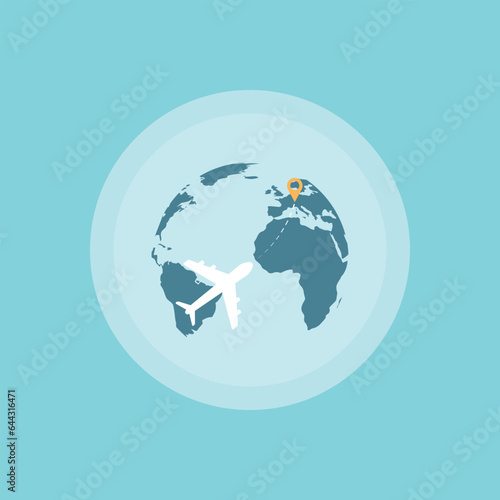 Travelling around the world by plane vector illustration, tourism day logo, travel and world trip logo idea, flat earth globe with airplane, Sign for web page, mobile app, banner, social media. Vector