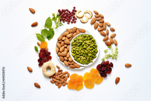 White plate filled with variety of nuts and dried fruits. Perfect for healthy snacking or adding to recipes.