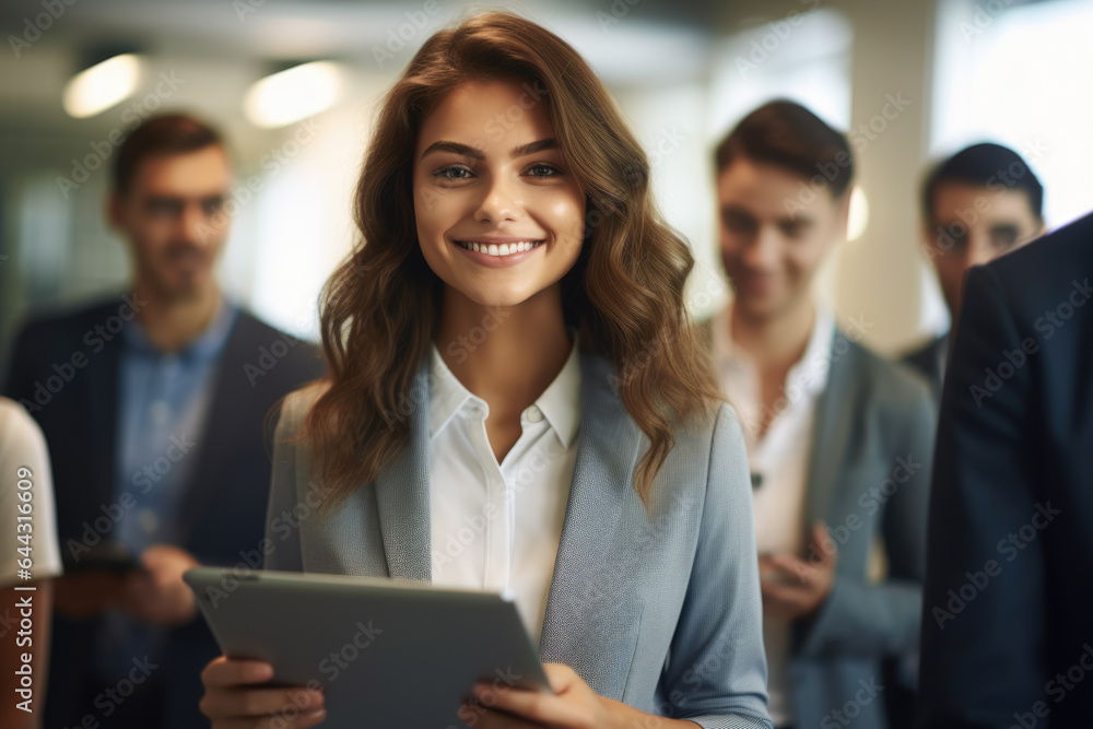 Woman holding tablet computer in front of group of people. This versatile image can be used to illustrate technology, teamwork, communication, or business concepts. Woman holding tablet computer in front of group of people. This versatile image can be used to illustrate technology, teamwork, communication, or business concepts.