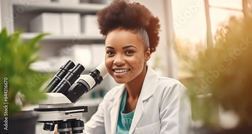 Portrait of Science woman with microscope are research for agriculture at laboratory, Sustainability and leaves test, Scientist