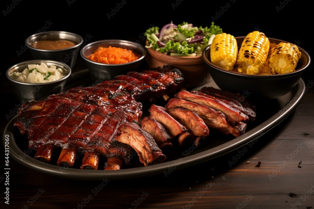 BBQ rib plate with sides. Generative AI