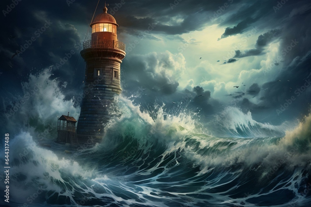 Digital illustration of a lighthouse amidst powerful waves. Generative AI