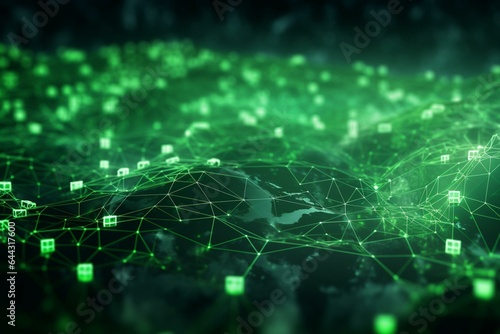 Green tech background depicting a worldwide network of data communication in cyberspace. 3D rendered image. Generative AI