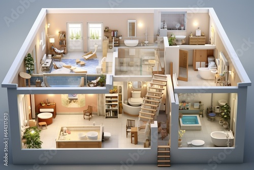 3D illustration of a house with a cross-sectional view of bathroom, kitchen, and living room. Generative AI photo