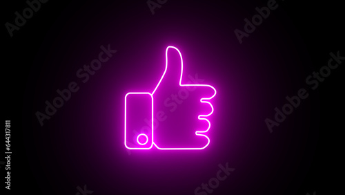 Neon thumbs up or like on the black background. Social media network concept. photo