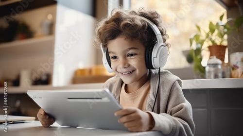 Little boy using tablet and headphones for learning in home, Studying on internet and listening to music in virtual class.