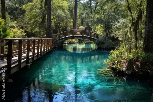 Turquoise water and wooden bridge at Juniper Springs in Ocala National Forest, FL, north of Orlando. Generative AI photo