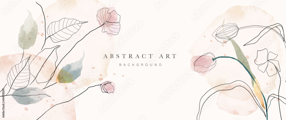 Abstract art background vector. Luxury minimal style wallpaper with golden line art flower and botanical leaves, gold glitter, watercolor. Vector background for banner, poster, Web and packaging.