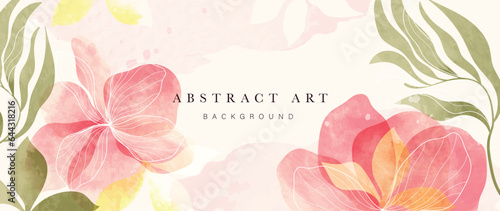 Abstract floral art background vector. Botanical watercolor hand drawn flower paint brush line art. Design illustration for wallpaper, banner, print, poster, cover, greeting and invitation card.
