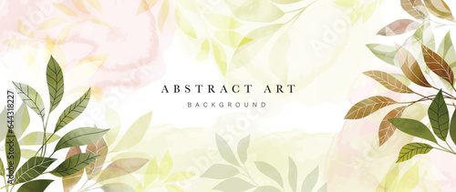 Abstract foliage art background vector. Botanical watercolor hand drawn leaves paint brush line art. Design illustration for wallpaper, banner, print, poster, cover, greeting and invitation card.