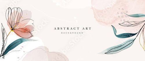 Abstract art background vector. Luxury minimal style wallpaper with line art floral and foliage, gold glitter, watercolor texture. Vector background for banner, poster, wedding card, decoration.
