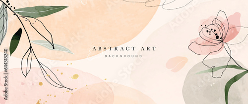 Abstract art background vector. Luxury minimal style wallpaper with line art floral and foliage, gold glitter, watercolor texture. Vector background for banner, poster, wedding card, decoration.