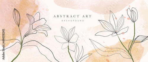 Abstract floral art background vector. Botanical watercolor hand drawn flower paint brush line art. Design illustration for wallpaper, banner, print, poster, cover, greeting and invitation card.