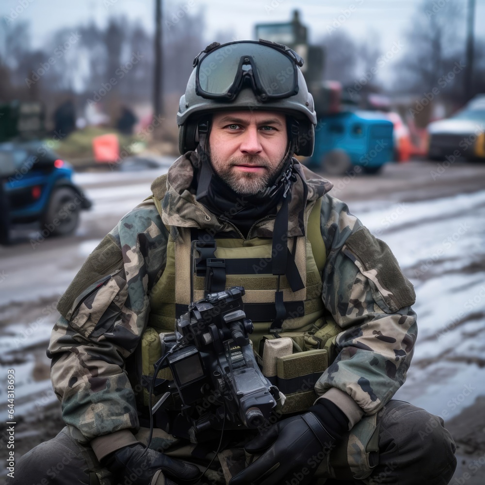 A war correspondent in a bulletproof vest and a helmet