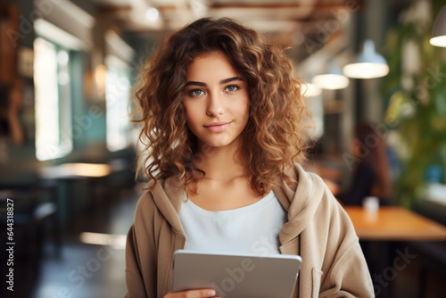 Portrait of a pretty female student holding tablet while standing in university classroom and looking at camera. Studying in college, education concept