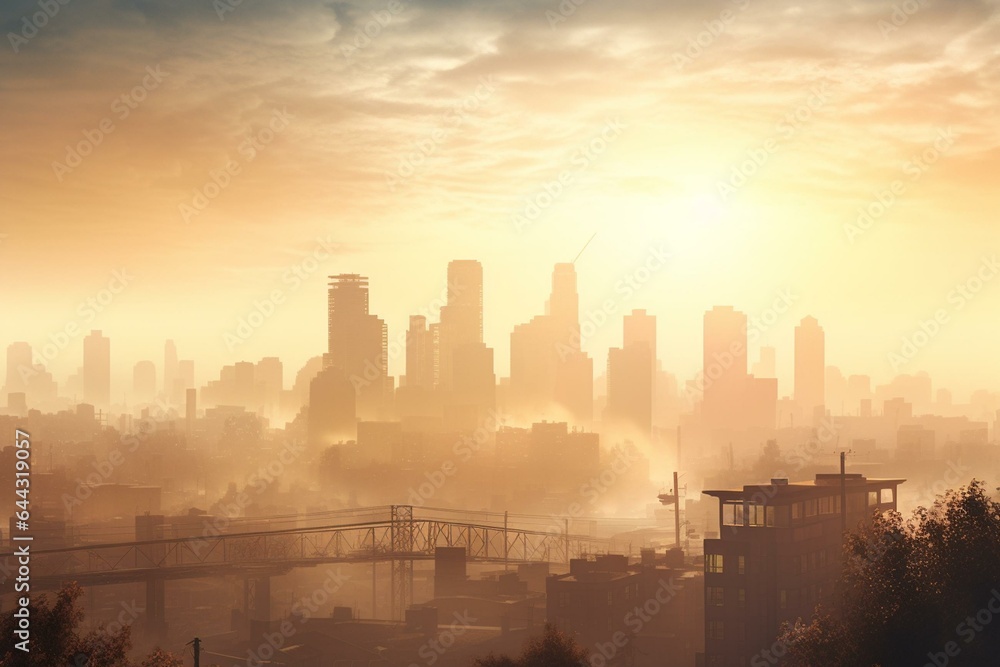 A misty urban skyline with sunlight piercing through fog, prominent buildings, and a hazy sky in the distance. Generative AI