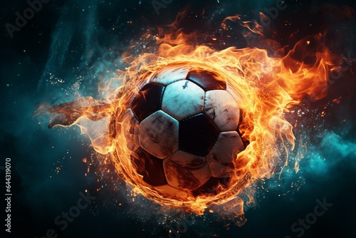 Soccer ball engulfed in fire and water. High-res image for a soccer game poster. Generative AI