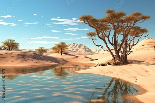 3D depiction of a tree and water oasis amidst a sandy desert. Generative AI