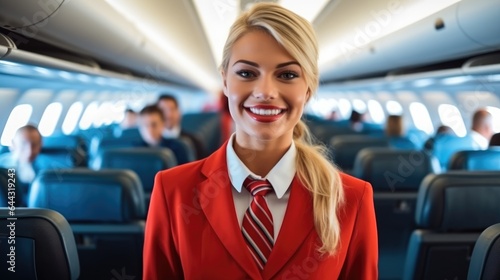 Beautiful woman flight attendant, Air hostess serving, Female airline stewardess at Airplane.
