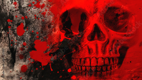 Halloween concept of double exposure of human skull and abstract grunge spooky background with blood splashing