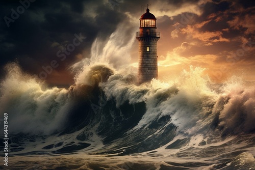 An ancient lighthouse being consumed by a massive ocean wave. Generative AI